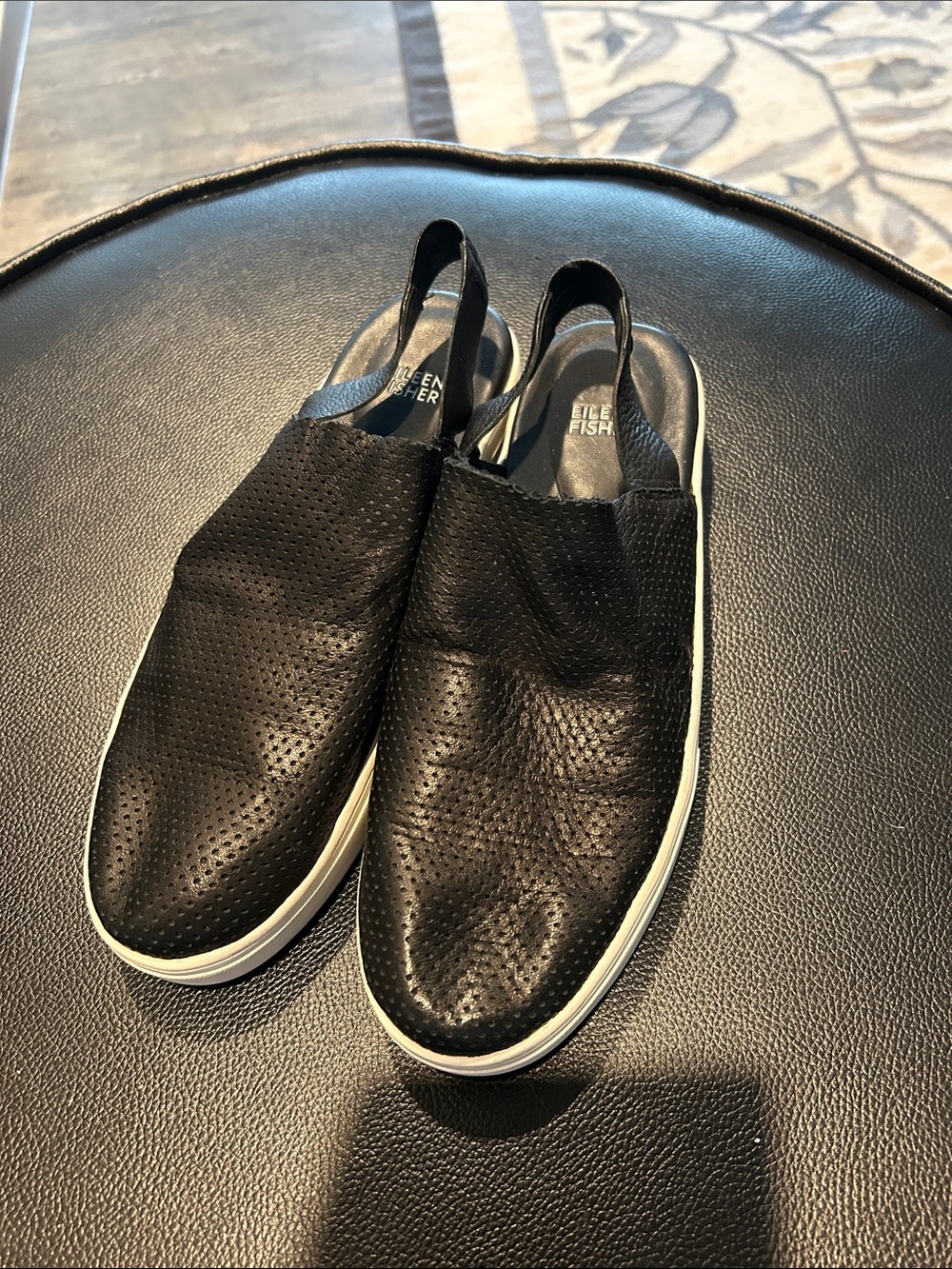 Eileen Fisher Black Perforated Leather Slingback Clogs